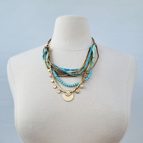 Stella & Dot Isa Gold Disc Turquoise Multi Strand Adjustable Necklace - Picture 10 of 12